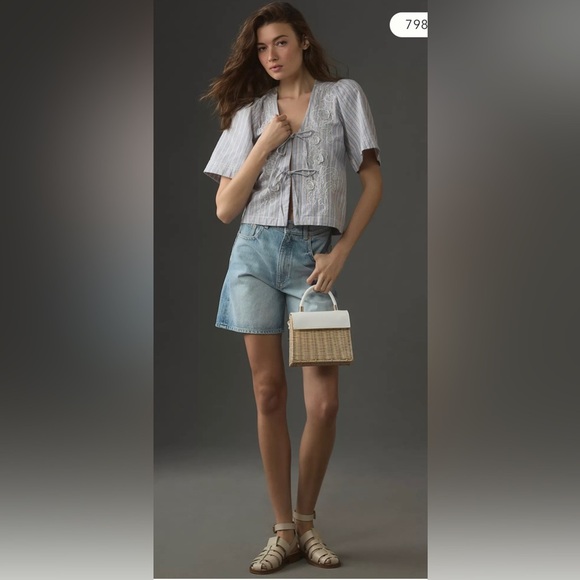 Anthropologie Pilcro Tie-Front Top Short Sleeve Linen/Cotton blend, size M - Picture 8 of 12